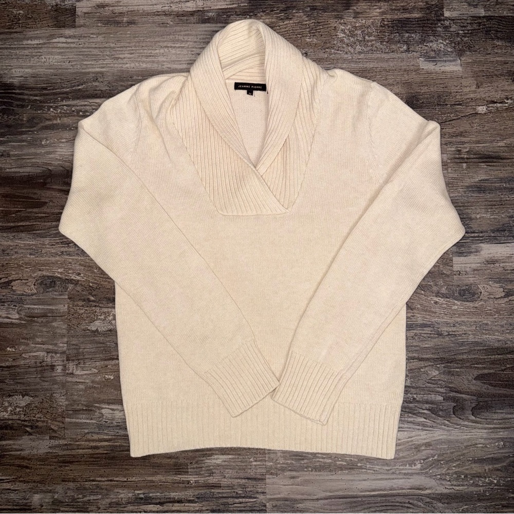 JEANNE PIERRE Women’s Cream Shawl-Collar Knit Cotton Sweater Size M